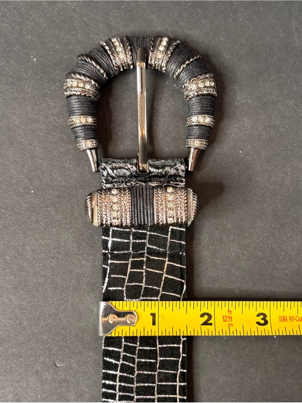 CHICO'S Black Silver Reptile Metal Rhinestone Buckle Womens Belt Sz Large - Picture 7 of 7